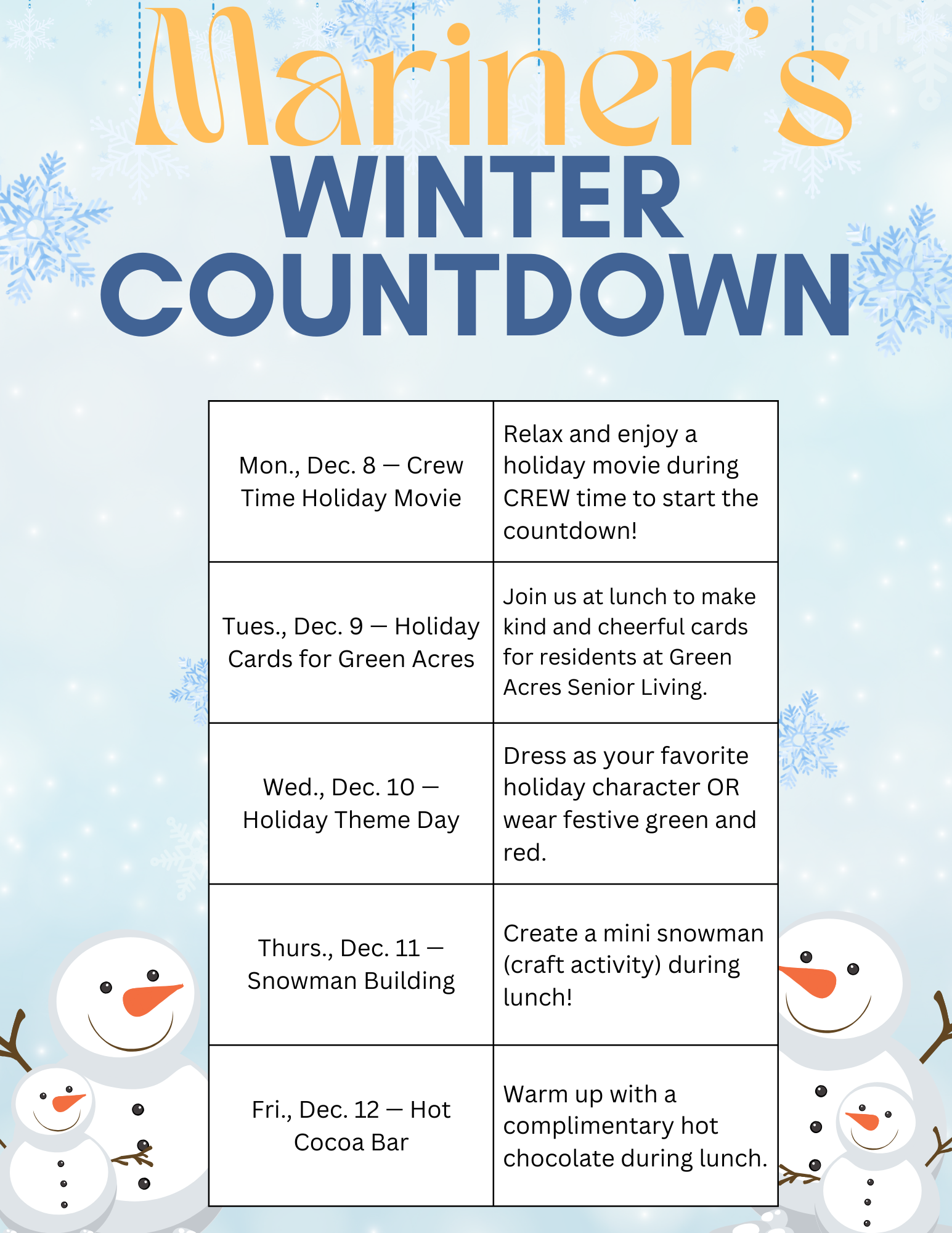 Winter countdown activity calendar
